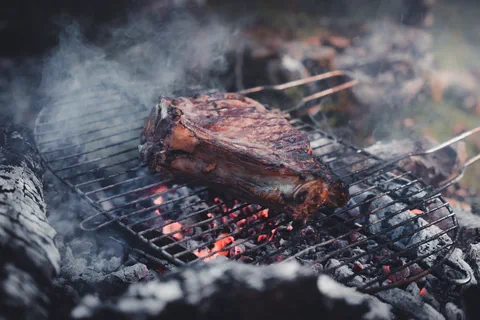 Pièce de viande cuite au feu de bois pendant le bivouac