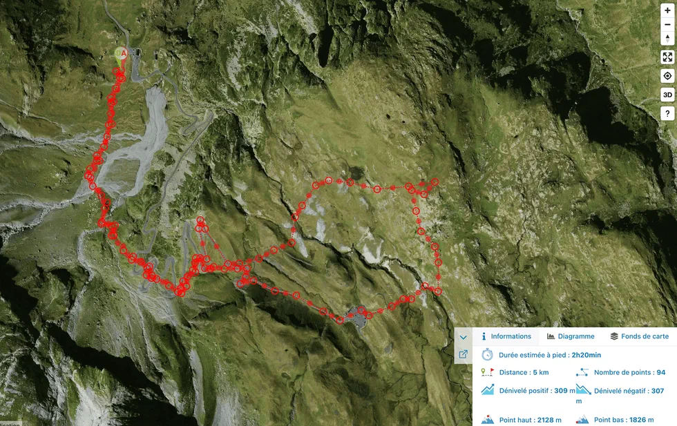 Tracé de la randonnée vers le cirque de Troumouse (détail)