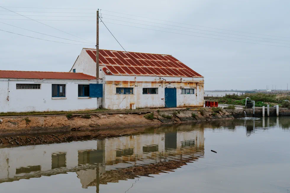 Bâtiment ostréicole au bord d’un canal sous un ciel gris