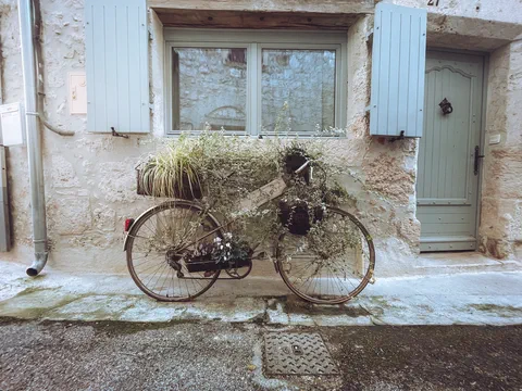 Vélo décoré de plantes devant une façade en pierre