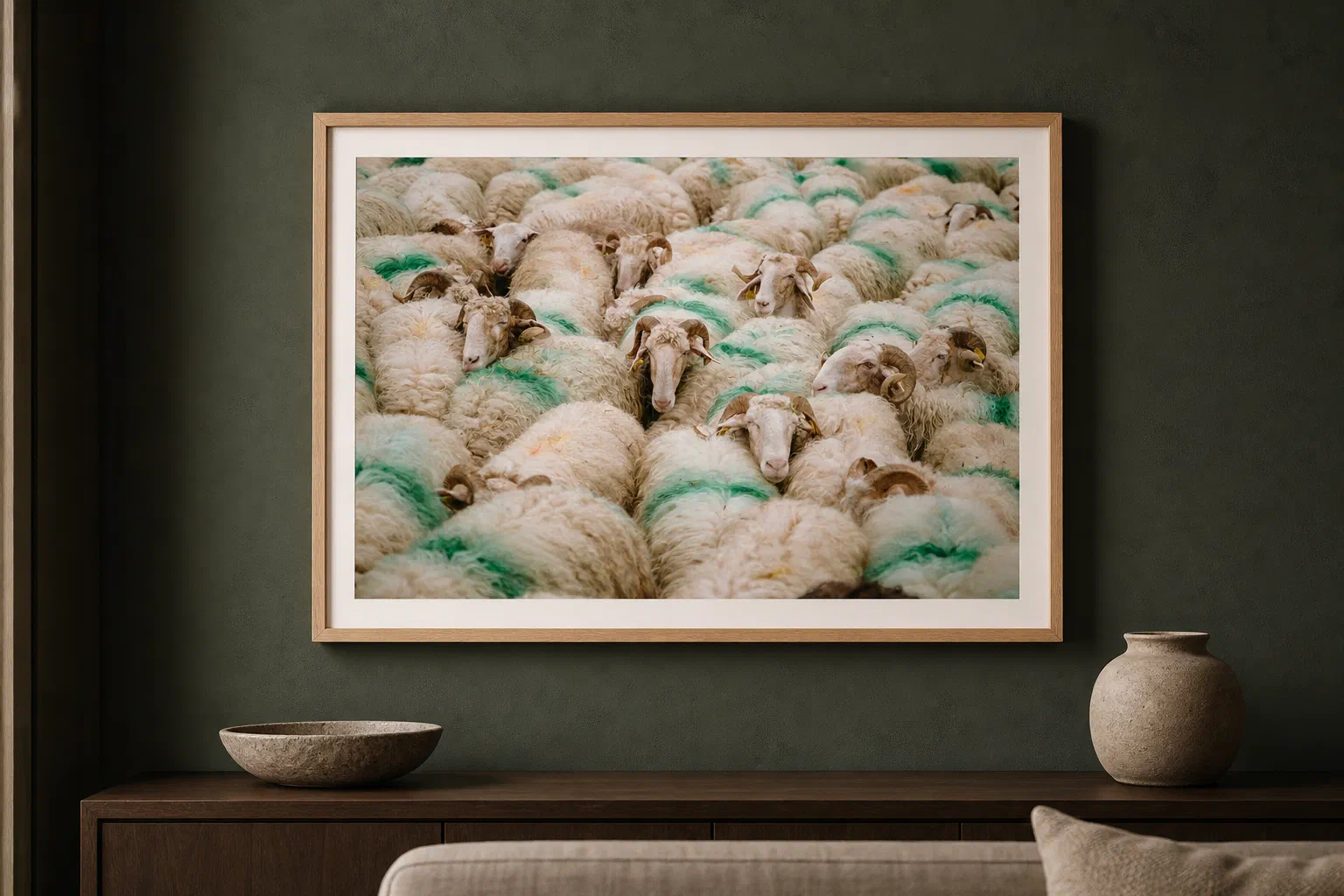 Moutons marqués dans l'estive présenté dans un cadre en chêne sur un mur vert sombre